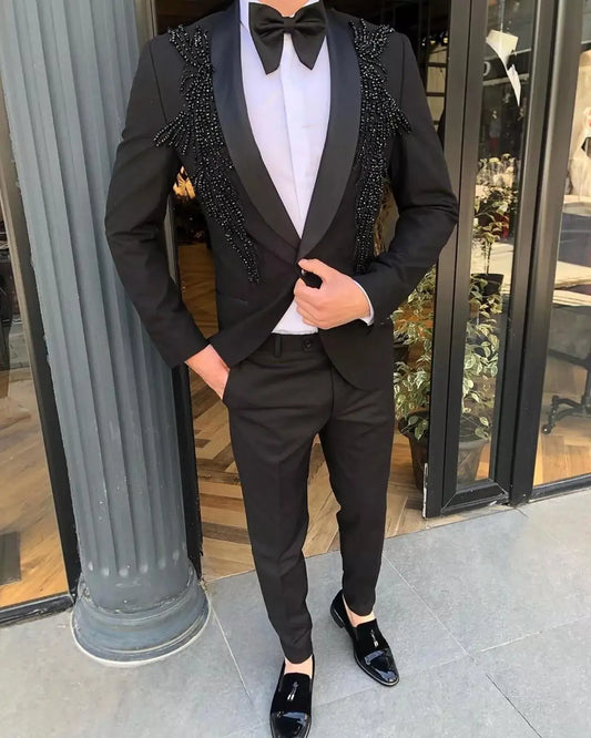 Luxury Men's Suit 2 Pieces Blazer Pants One Button Sheer Lapel Satin Business Beads Formal Work Wear Wedding Groom Costume Homme