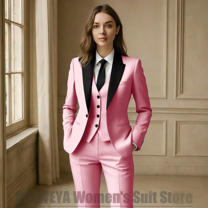 Women Royal Blue 3 Piece Tuxedo Suit Blazer Vest Pants with Black Lapel Slim Fit Formal Party Business Office Outfit