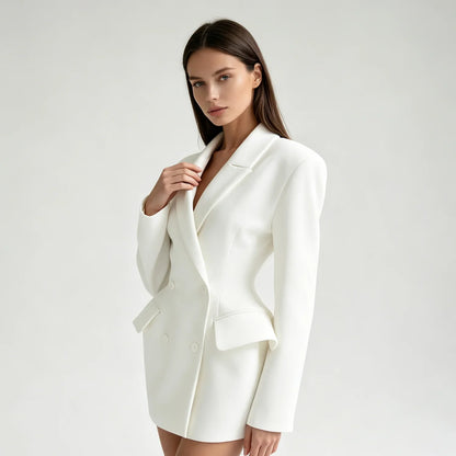 2026 Women Blazer Dress, Padded Shoulder Double-Breasted Tailored Waist Design, for Parties Office Dating Events
