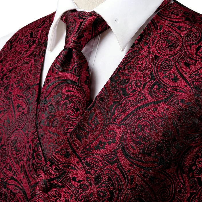 Men's Suit Vest Set Red Paisley Waistcoat with Tie Pocket Square Cufflinks for Weddings