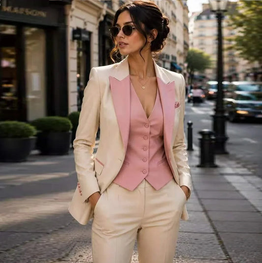 Beige And Pink Formal Business Women Suit Wedding Party Prom Ladies Mother Girl Tuxedos Costume 3 Piece Set Blazer Vest Pants