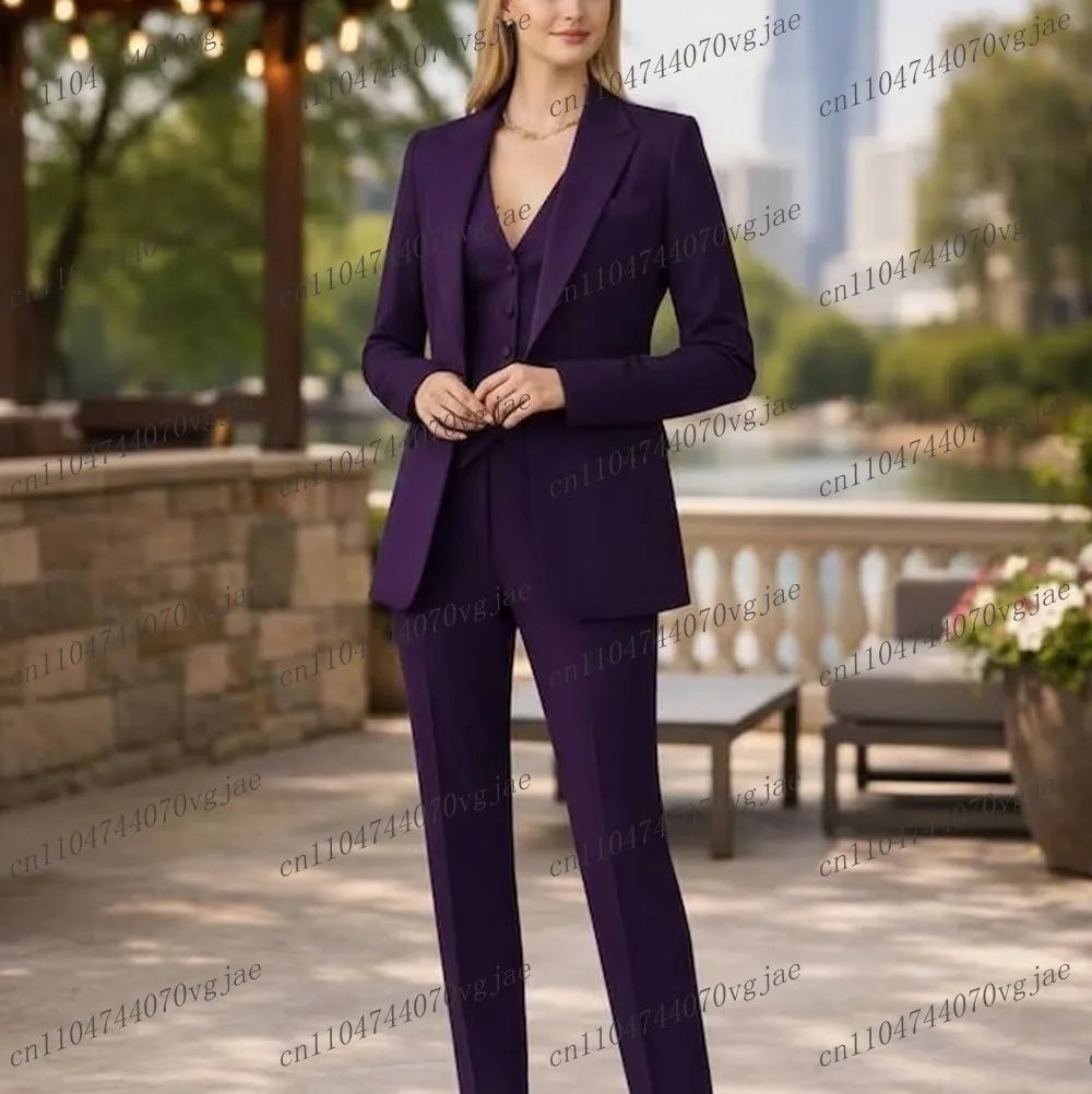 New Purple Formal Business Women Suit Wedding Party Prom Ladies Mother Girl Wife Tuxedos Costume 3 Piece Set Blazer Vest Pants