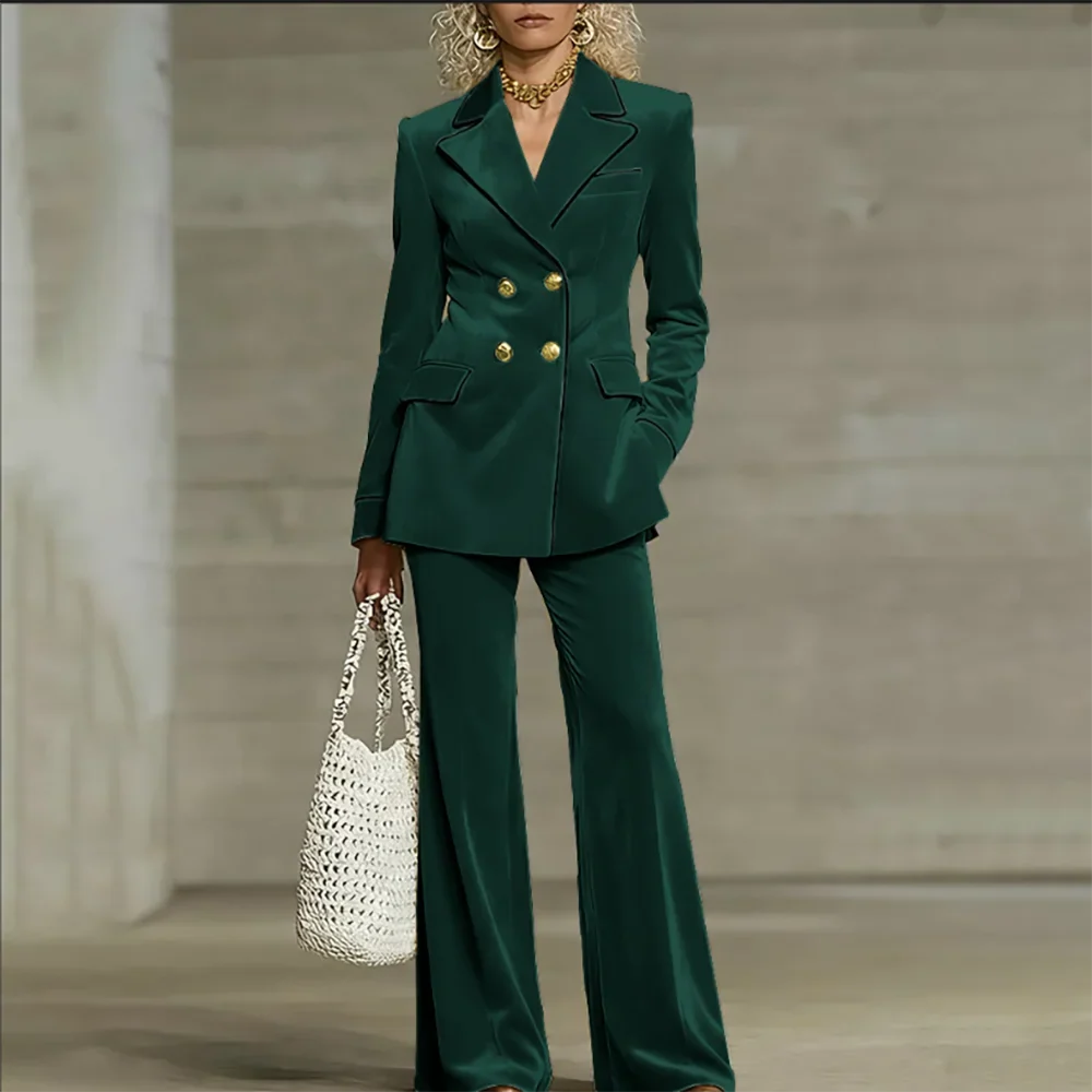 Luxury Women Yellow Velvet Clothing Double-Breasted Blazer+Pants Sets Elegant Winter Daily Suit Slim Fit Office Outerwears