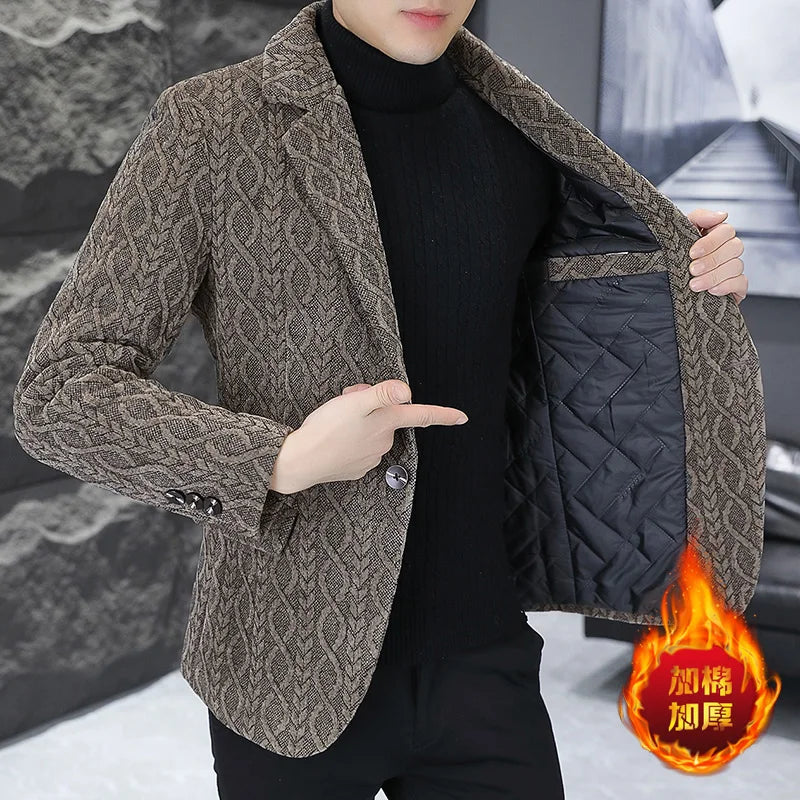 Blazer Autumn/Winter Golden Sable Velvet and Cotton Thickened Thermal Small Suit Fashion Business Men's Slim Blazer