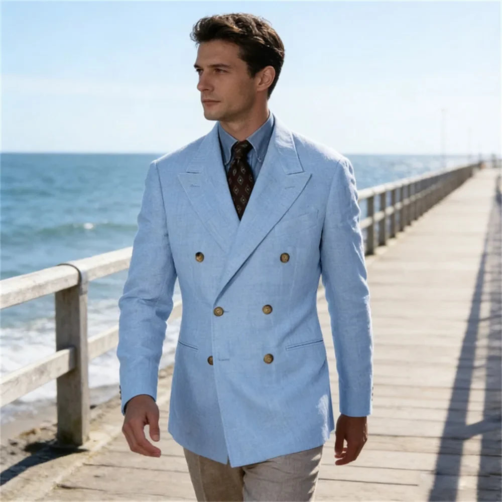 Men Linen Blazer Double Breasted Jacket Lightweight Soft Slim Coat For Business Wedding Casual Daily Party Vacation Dating