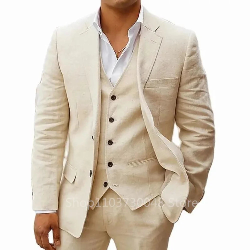 Men's Linen 3-Piece Slim Fit Suit – Blue & Beige | Peak Lapel