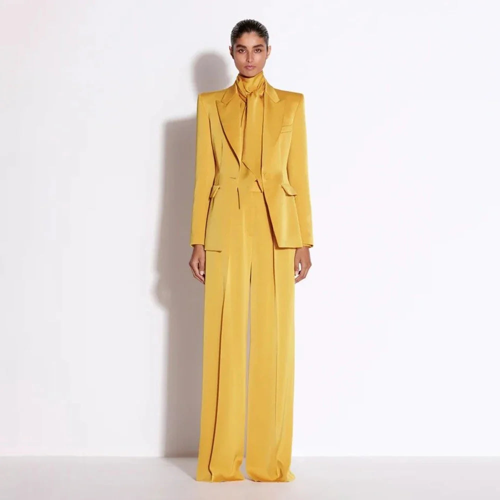 Office Lady Professional Wear Yellow Women Suit 2 Piece Formal Peaked Lapel Prom Party Pants Set Work Attire Interview Outfit