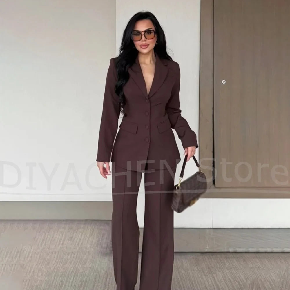 Women Suit Fashion Single Breasted Blazer And Wide Leg Pants Elegant Formal Office Business Casual Lady Party Outfit 2 Piece