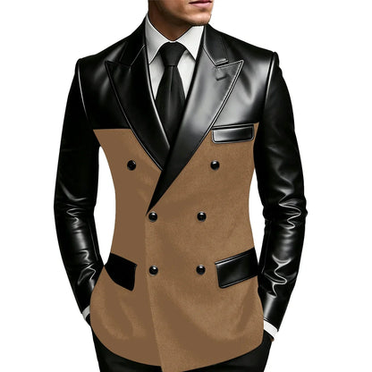 Men's Double Breasted Suit Blazer with Leather Patchwork for Weddings and Formal Events