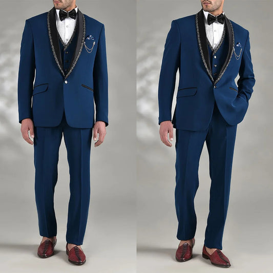 Men's Suit 3 Pieces Navy Blazer Vest Pants One Button Sequins Sheer Satin Lapel Business Wedding Groom Tailored Costume Homme