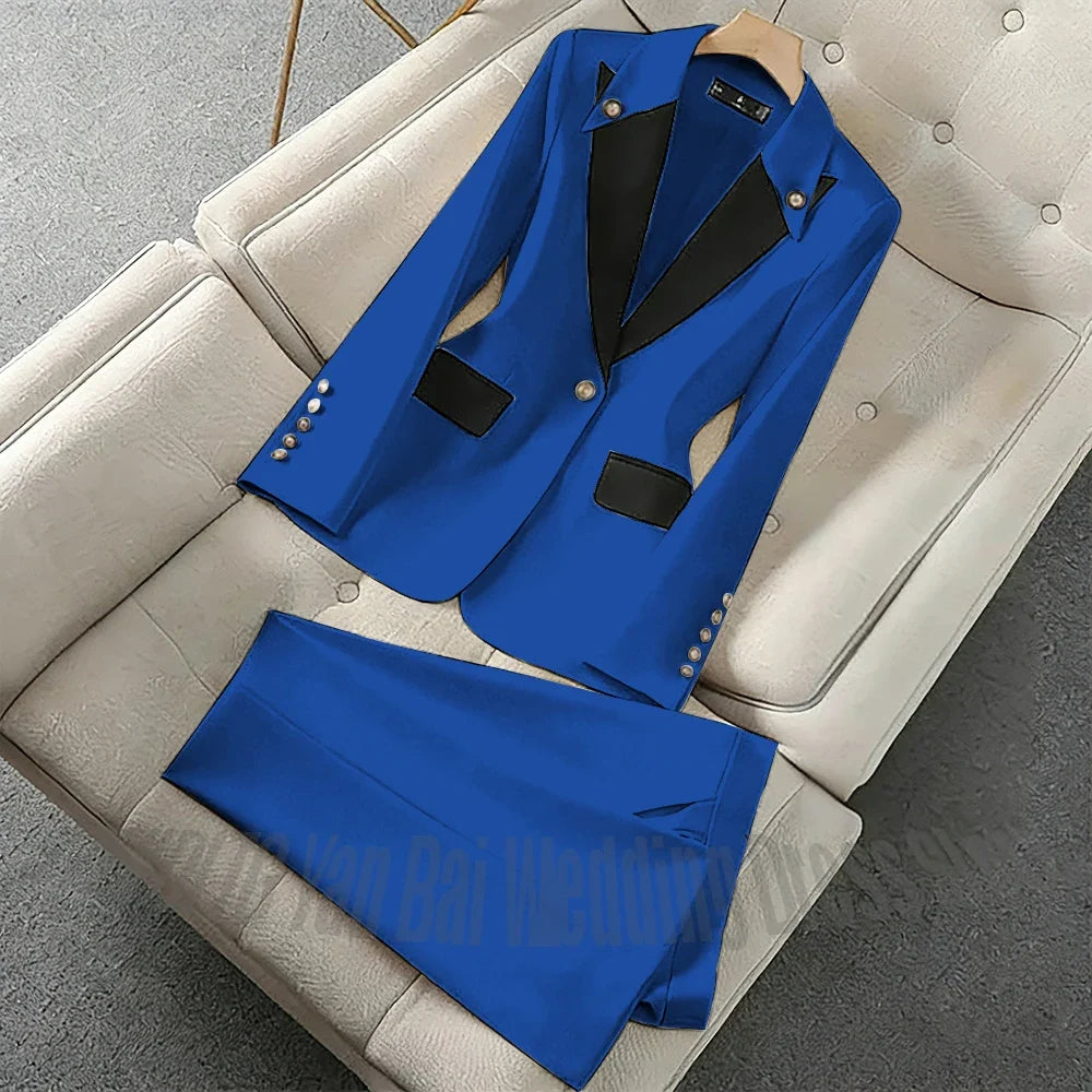 New Unique Women Pant Suit Contrast Color Modern Outfit One-Button Peaked Lapel Casual Fashion Daily Female Clothes Set 2 Piece
