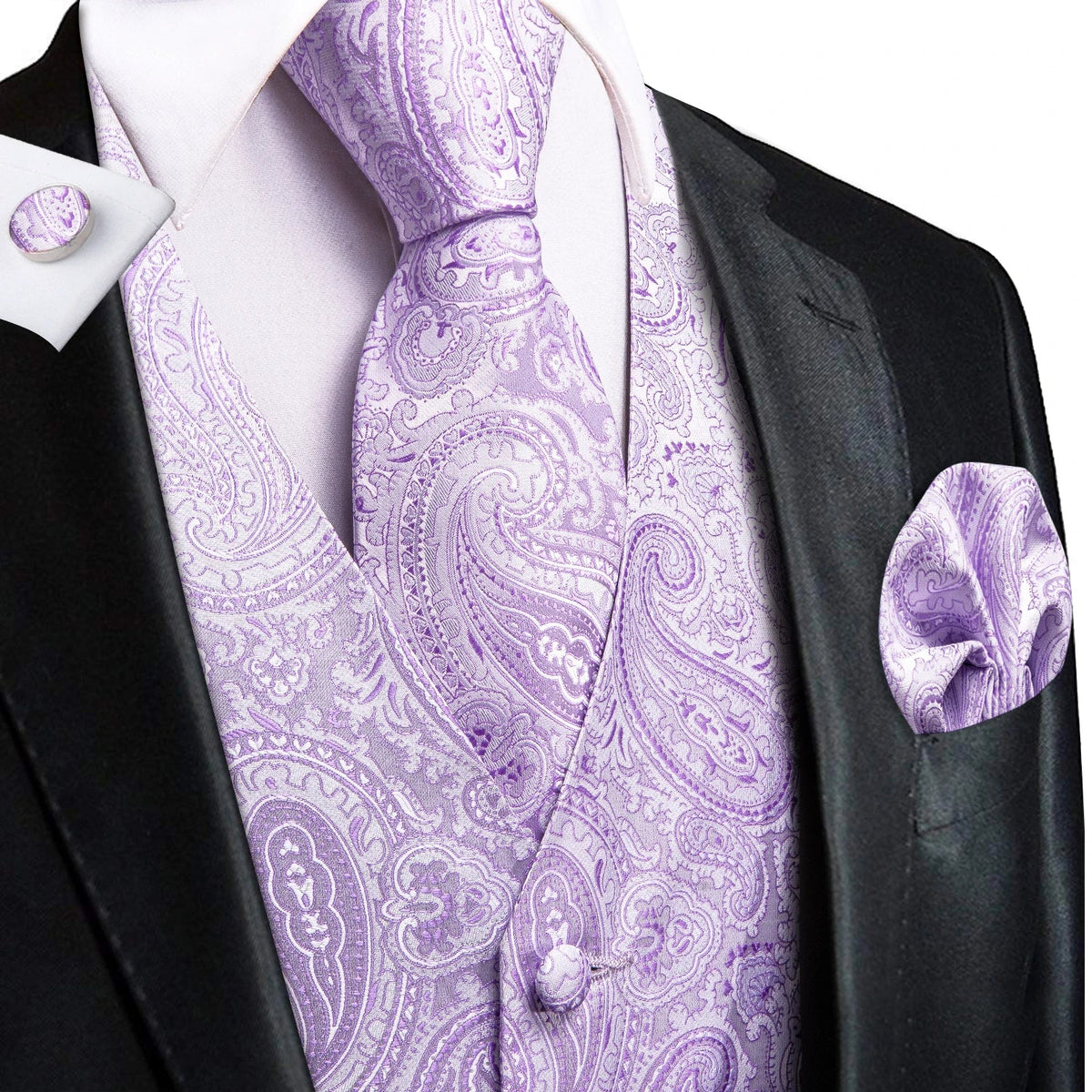 Men's Jacquard Floral Waistcoat Set with Tie, Pocket Square & Cufflinks – Purple Paisley, Wedding & Business