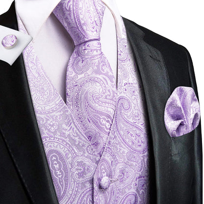 Men's Jacquard Floral Waistcoat Set with Tie, Pocket Square & Cufflinks – Purple Paisley, Wedding & Business