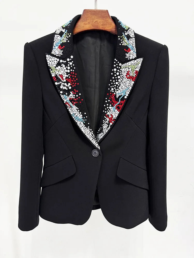 2026 Spring New Women Blazer Studded Colorful Diamonds Single Button Slim Fit Elegant Trend Office Lady Luxury Coat HK17503
