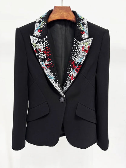 2026 Spring New Women Blazer Studded Colorful Diamonds Single Button Slim Fit Elegant Trend Office Lady Luxury Coat HK17503