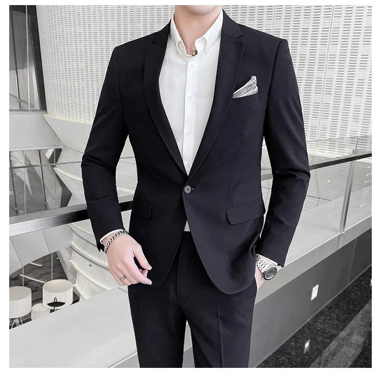 Men's Slim Fit Solid Color Two-Piece Suit Set for Wedding & Formal Occasions