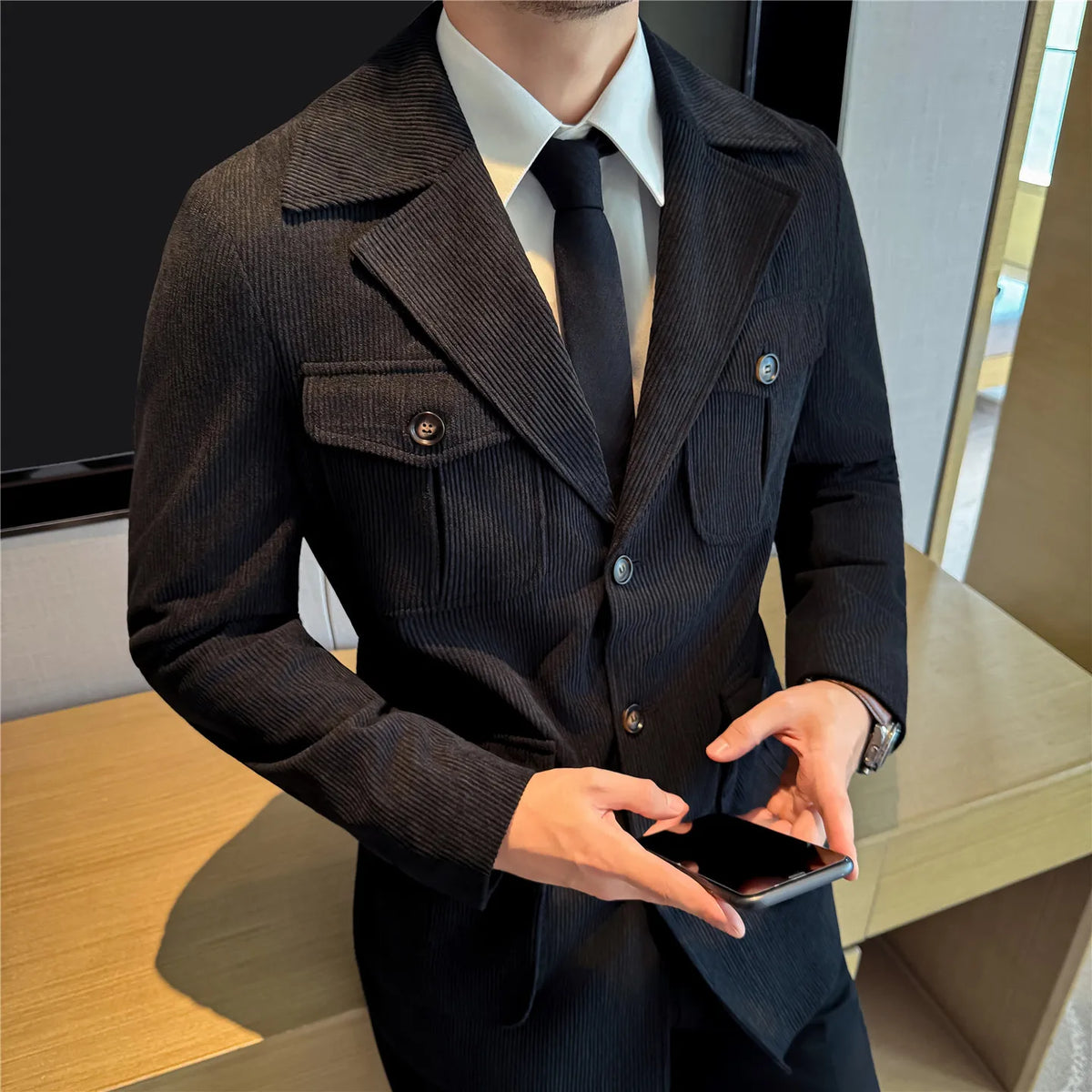 Autumn Winter Corduroy Medium Long Hunting Jacket Men's Fashion Thick Suit Jacket Casual Business Blazers Social Streetwear 2025