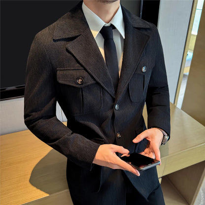 Autumn Winter Corduroy Medium Long Hunting Jacket Men's Fashion Thick Suit Jacket Casual Business Blazers Social Streetwear 2025