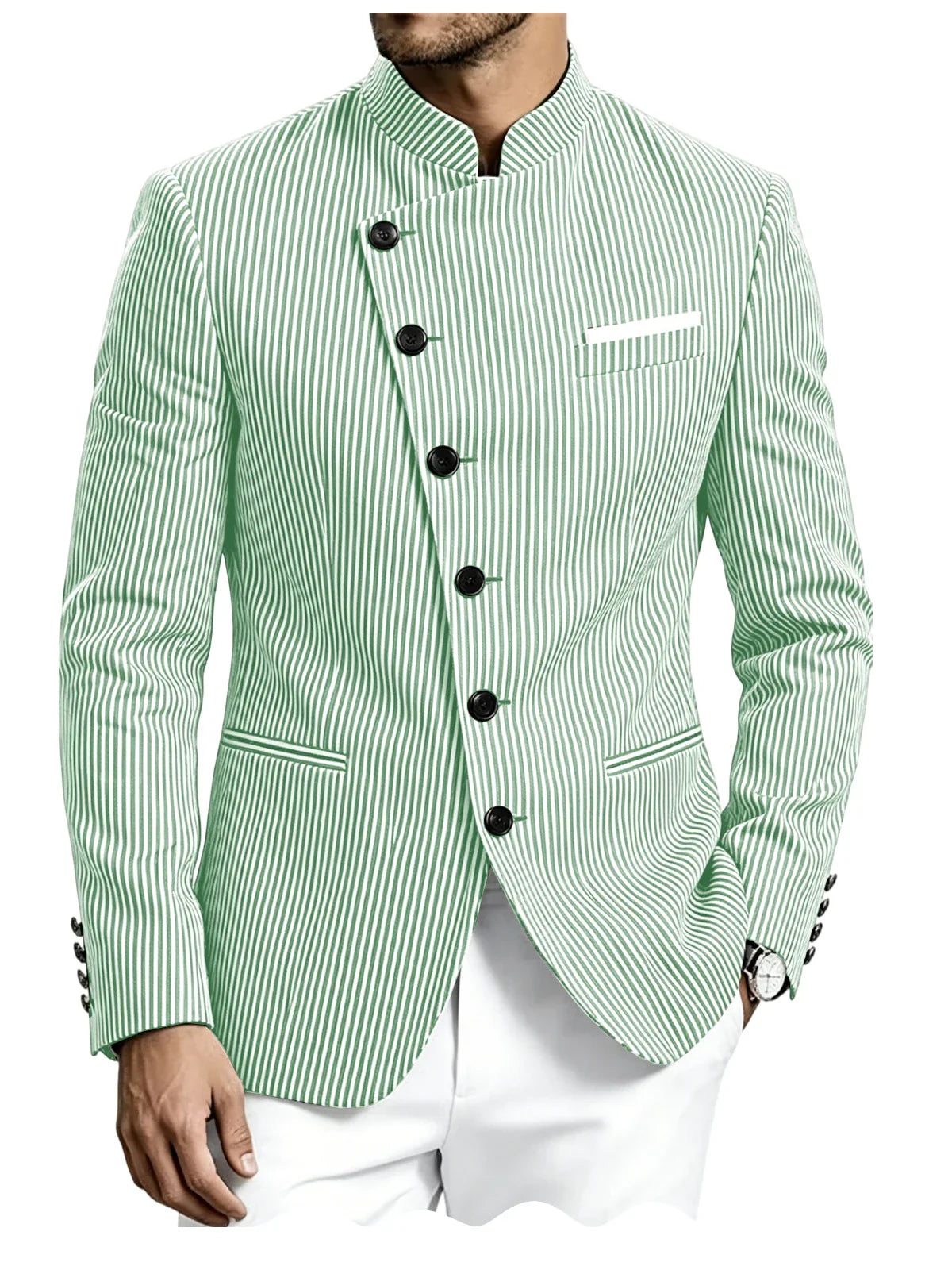 Men Mandarin Collar Suit Jacket Stand Collar Asymmetrical Single Breasted Men Blazer Slim Fit Business Formal Coat For Business