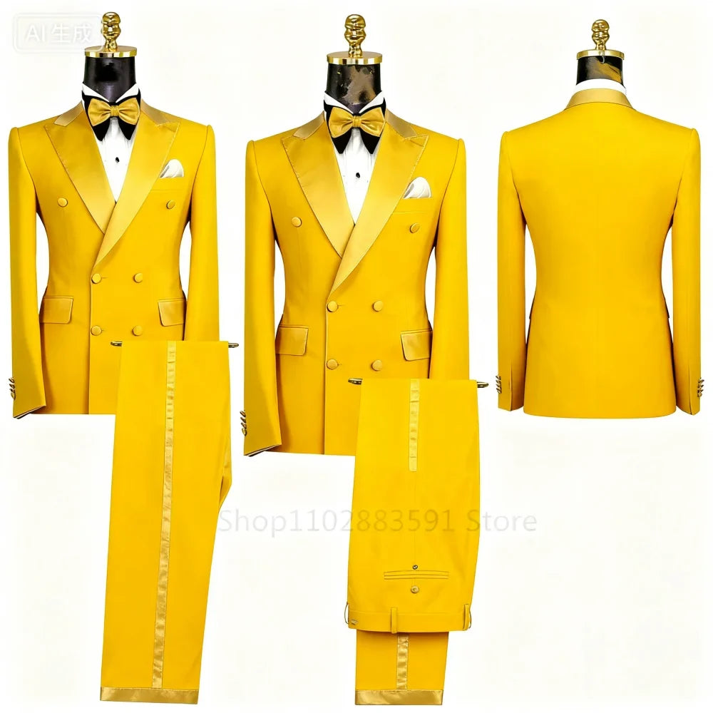 Men's Double-Breasted Suit Set – Peak Lapel, Solid 2-Piece for Wedding & Formal Occasions