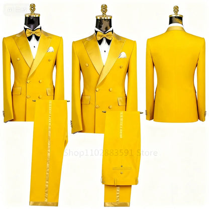Men's Double-Breasted Suit Set – Peak Lapel, Solid 2-Piece for Wedding & Formal Occasions