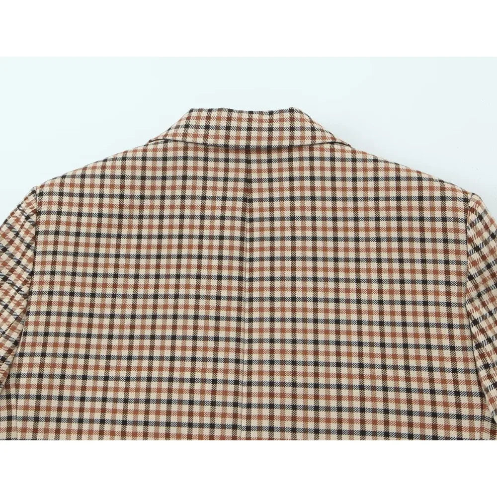 Stylish Plaid Pant Suits for Women New in Commuting Style Two Pieces Straight Plaid Blazer Matching Tonal Pleated Wide Leg Pants