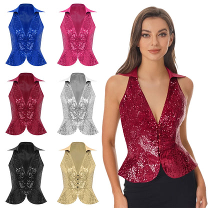 Women's Vest Dressy Party Tops Sequins Waistcoat Sparkly Sleeveless Vests Rave Music Festival Nightclub Jazz Dance Cosutme