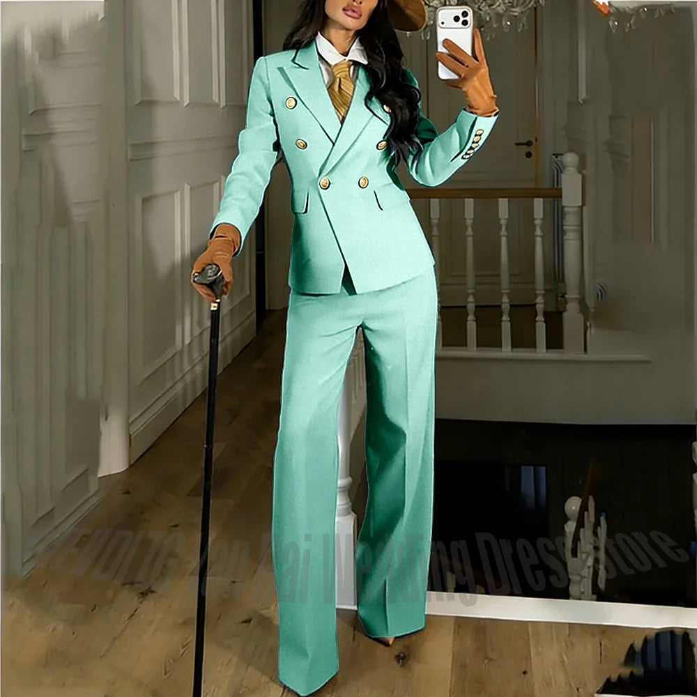 Navy Blue Women's Suit Regular Fitted Customized Peaked Lapel Blazer Professional Outfit(Jacket+Pants) Office Lady Daily Set