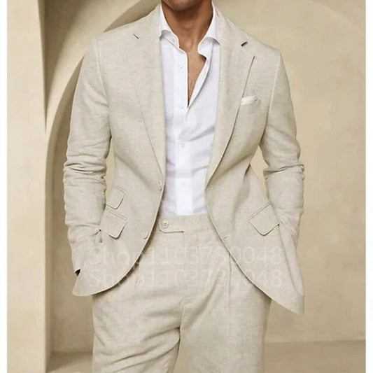 2 Piece High Quality Blue/Beige Linen Men Suit Smart Casual Single Breasted Slim Fit Notch Lapel Blazer with Pants Costume Homme