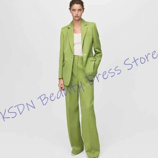 Trendy Lime Green Women's 2-Piece Suit Oversized Casual Single Button Jacket+Pants Set Elegant Smart Daily Outerwears