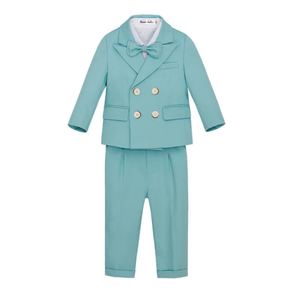 Kid Light Green 5Pieces Suit Set With Jacket Vest Pants Bowtie Brooch Boys Wedding Birthday Party Piano Performance Costume