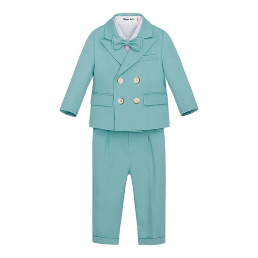 Kid Light Green 5Pieces Suit Set With Jacket Vest Pants Bowtie Brooch Boys Wedding Birthday Party Piano Performance Costume