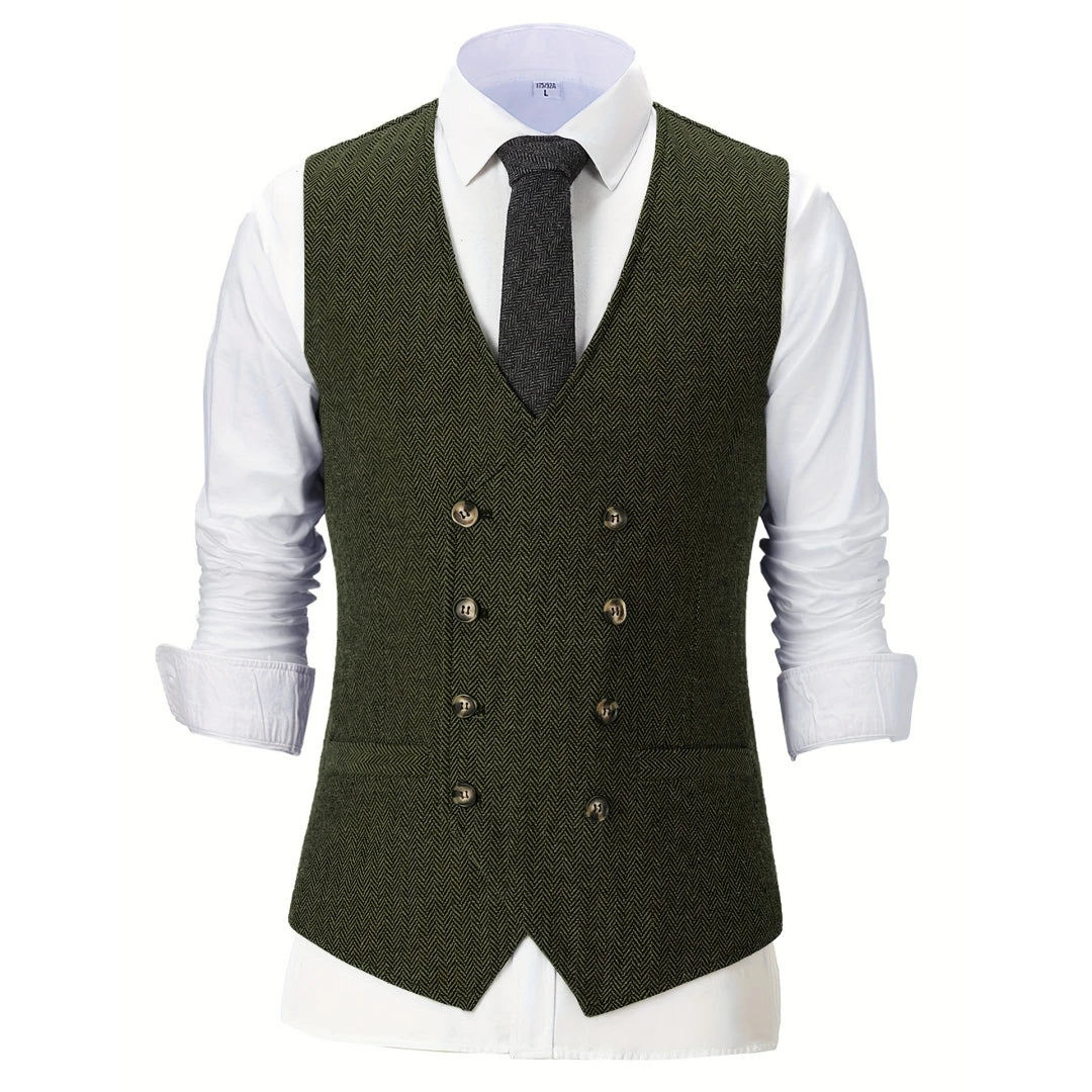 Men Vest Champagne Herringbone Double Breasted V-Neck Waistcoat for Wedding & Business