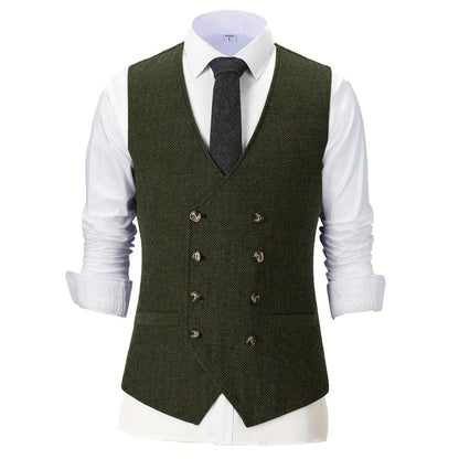 Men Vest Champagne Herringbone Double Breasted V-Neck Waistcoat for Wedding & Business