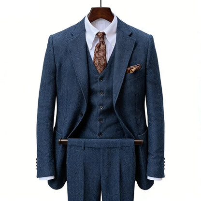 Men 3 Pieces Blue Herringbone Suit Formal Business Tweed Groom Tuxedo for Men Wedding Men's Suit Outfits Jacket Vest Pants Set