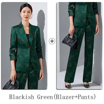 Two-Piece Leaf Print Blazer Pantsuits Set for Women Office Ladies Business Single Buttons Formal Spring Autumn Trousers Suit