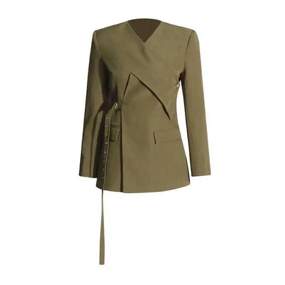 Women Blazer High Street Elegant Punk Stylish V-Neck Lace-Up Trendy Solid Color Cross Irregular Design Suit-Coat New HK3060