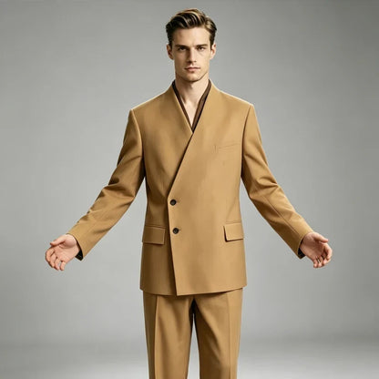 Men's 2-Piece Suit No Lapel Cross V-Neck Loose Blazer & Trousers – Wedding & Formal Occasions