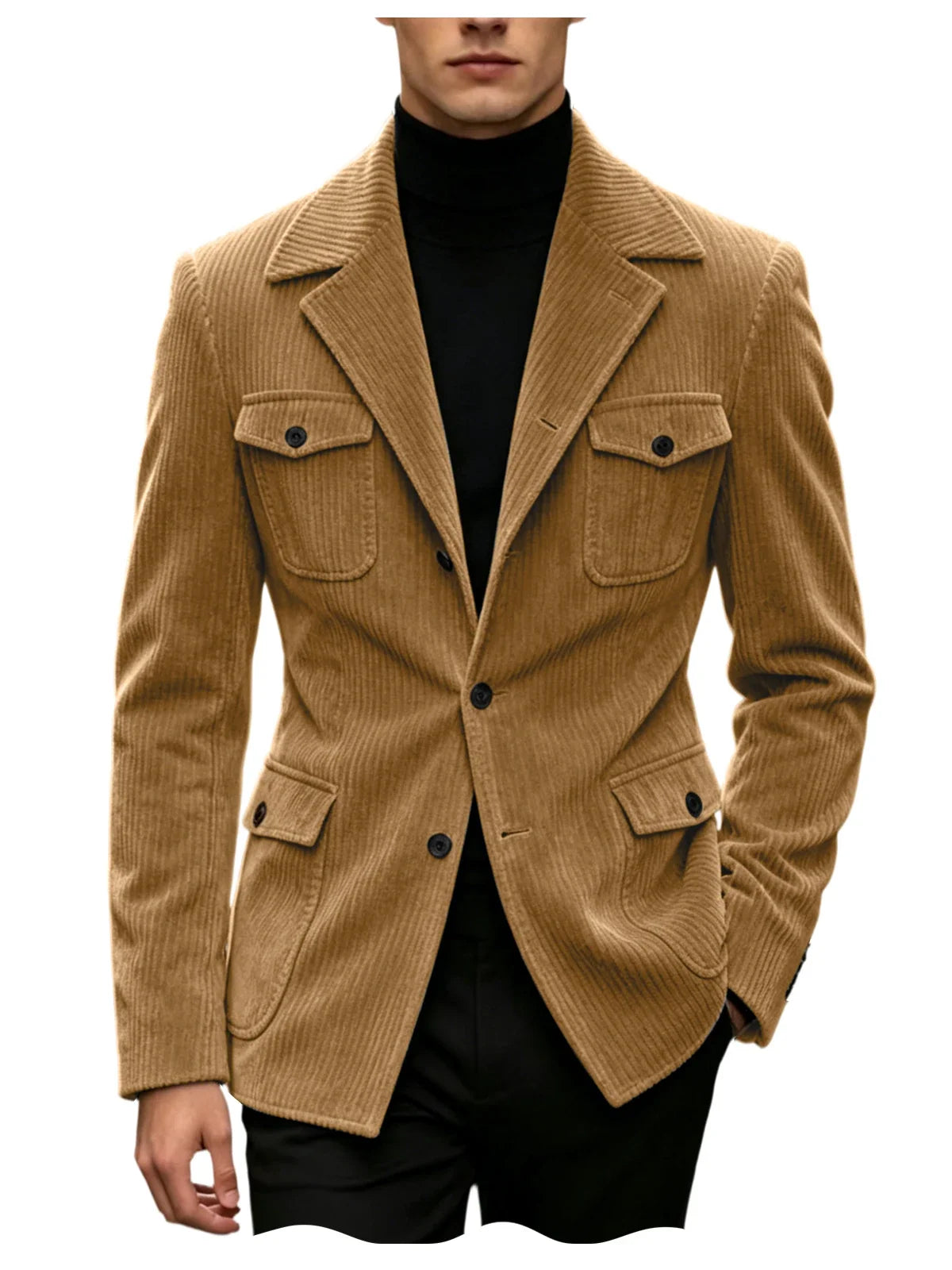 Men's Corduroy Blazer Jacket Slim Fit Notched Lapel Casual Business Coat With Four Flap Pockets For Daily Work Streetwear