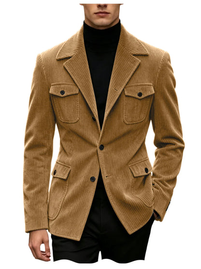 Men's Corduroy Blazer Jacket Slim Fit Notched Lapel Casual Business Coat With Four Flap Pockets For Daily Work Streetwear
