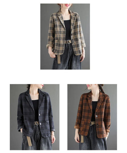 Fashion Chic Cotton Plaid Blazer Female Spring and Autumn New Literary Retro Elegant Commuter Small Incense Wind Jacket Women
