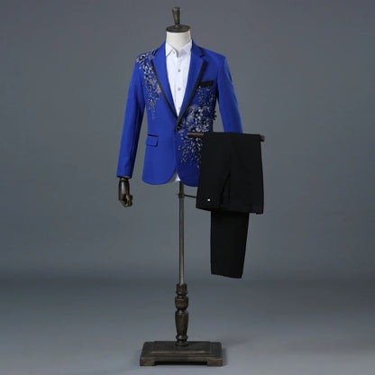 Exquisite Embroidery Beaded Suit Set 2 Pieces Dancing Wear Notched Lapel Handsome Men's Slim Fit Suits Wedding Party Tuxedo