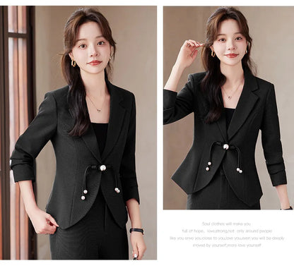 Elegant National Style Buckle Pants Suit  2024 Autumn New Professional Temperament Slim Blazer And Pants Office Ladies Work Wear