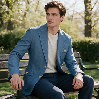 Men's Denim Suit Jacket Classic Notched Lapel Slim Fit Gold Buttons Multiple Pockets Formal Blazer Business Casual Daily Wear