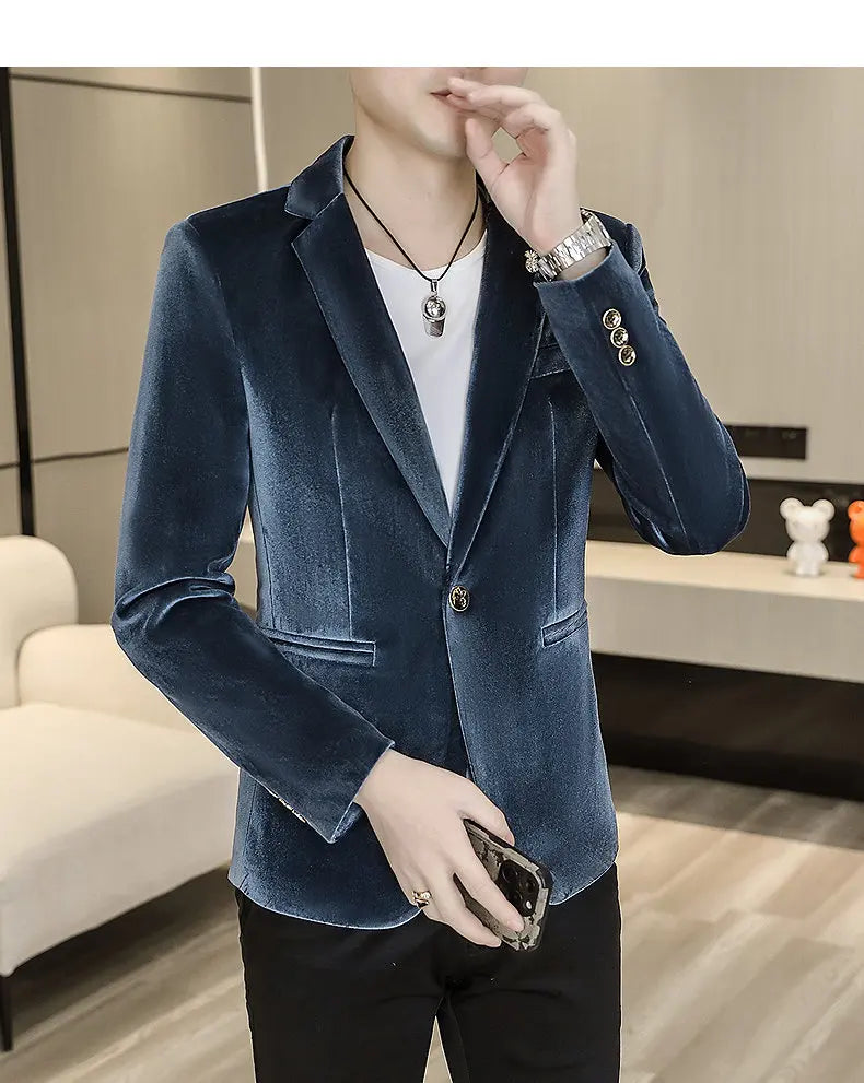 Blazer: An Outdoor Fashion Business Gentleman Wedding Host Slim-fit Casual Korean-style Youthful Men's Golden Velvet Blazer