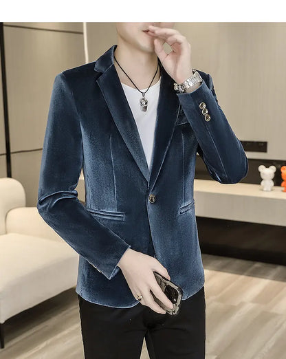Blazer: An Outdoor Fashion Business Gentleman Wedding Host Slim-fit Casual Korean-style Youthful Men's Golden Velvet Blazer