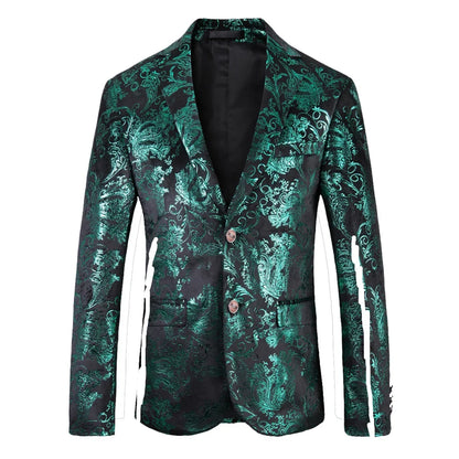 Men's Suit Jacket Black Gold Floral Applique Single Button for Wedding Party Performance