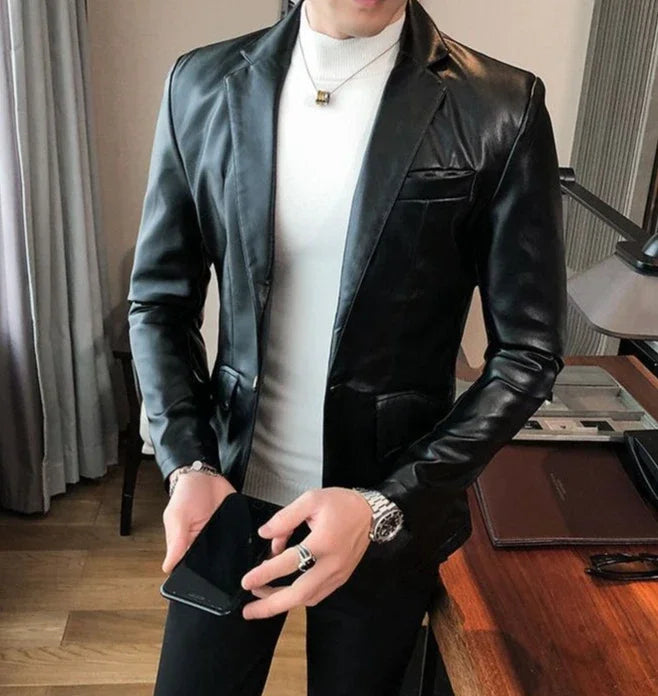 Thin Leather Man Suits and Blazers Simple Breasted Clothing Handsome Classic Menswear High Quality Coats Casual Jacket for Men