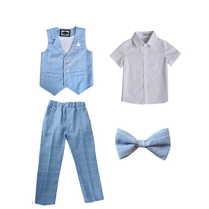 Baby Boys Formal Birthday Photograph Suit Kids Vest Shirt Pants Bowtie Wedding Dress Teenager Suit Children Graduation Costume