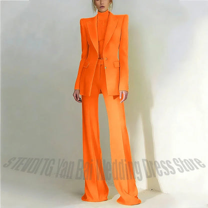 Women Pant Suit 2 Piece Set Office Female Business Work Formal Jacket Trouser One Button Chic Yellow Peaked Lapel Elegant Suit